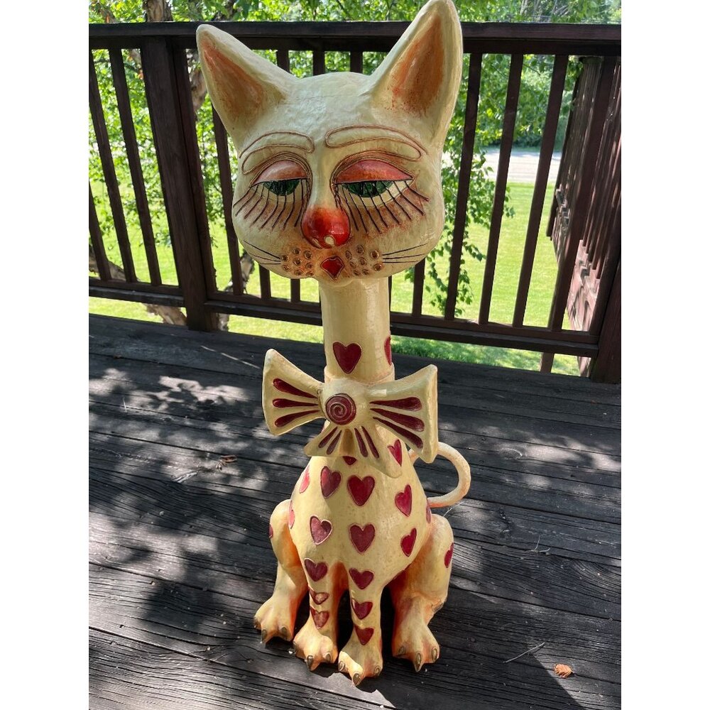 Vtg 50's-60's Jeanne Valentine Paper Mache Cat Of Hearts Sculpture Handmade Folk